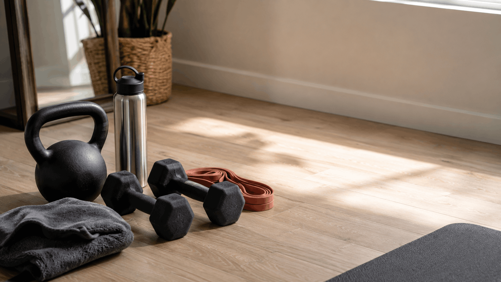 Dumbbells, kettlebell, and resistance band arranged on a home gym floor in soft morning light