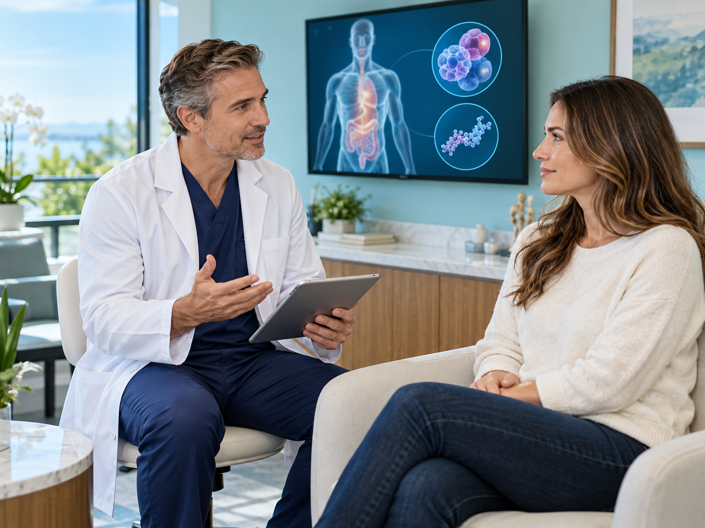 Clinician discussing an individualized peptide and cellular therapy plan with an adult patient in a bright outpatient clinic.