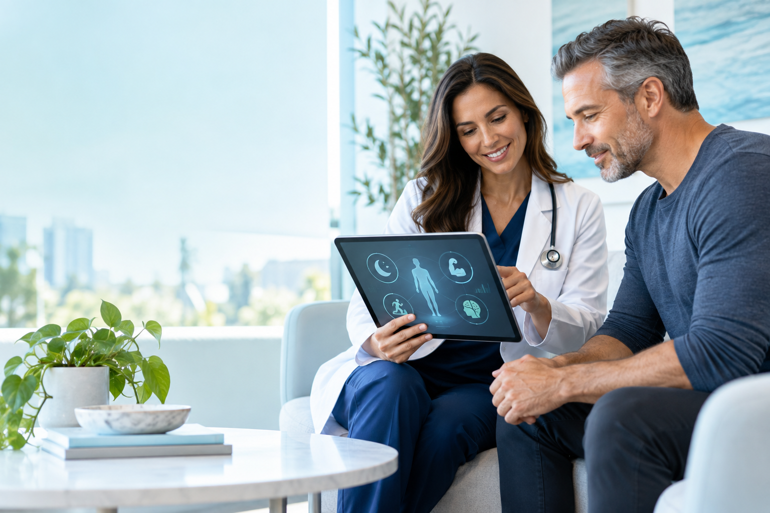 Physician and patient reviewing a personalized health plan on a tablet in a bright outpatient clinic.